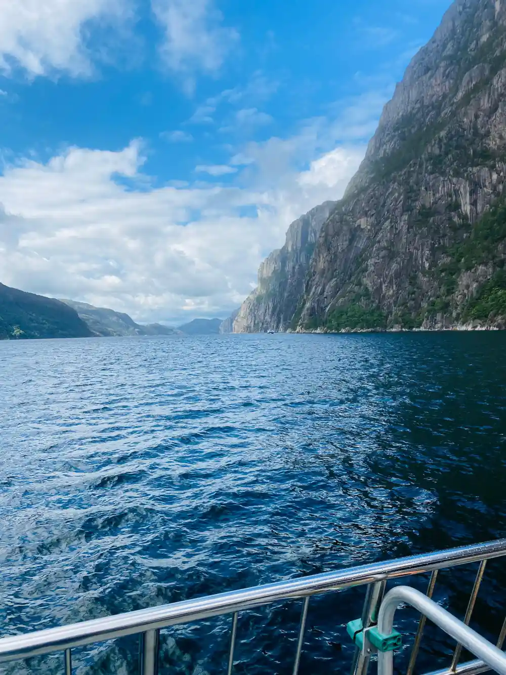 Steep fjord walls and deep blue water from boat railing
