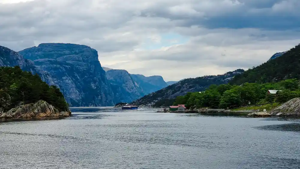 Steep rocky mountains with green forest beside calm fjord