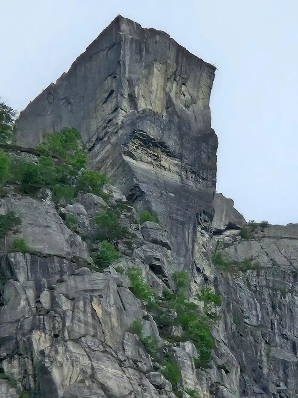 Tall distinctive columnar rock formation rising above vegetation