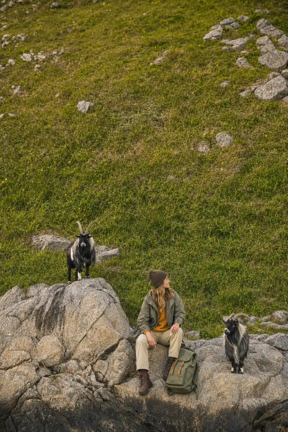 Two black goats standing on rocky green mountainside slope