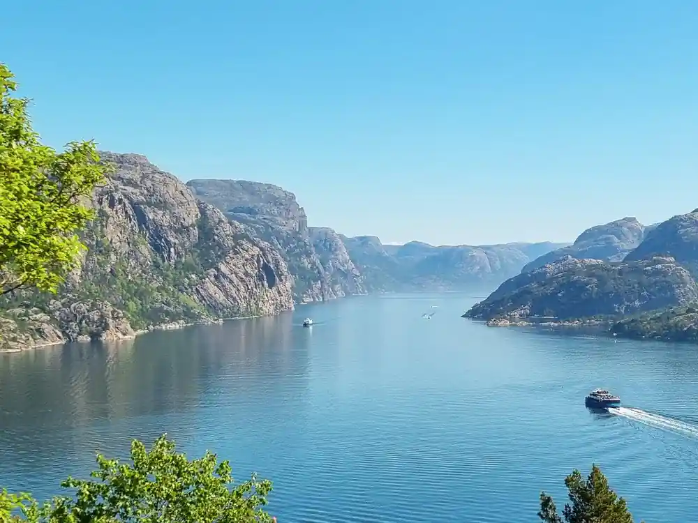 Wide view of calm blue fjord surrounded by forested steep cliffs